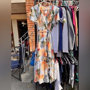 Floral Ruffle Wrap Maxi Dress - Light Blue with Orange Floral